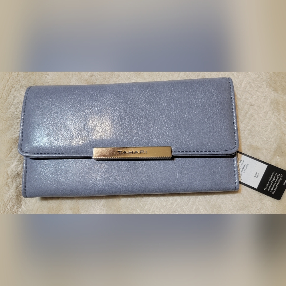 Tahari Blue Textured Clutch with Gold Nameplate